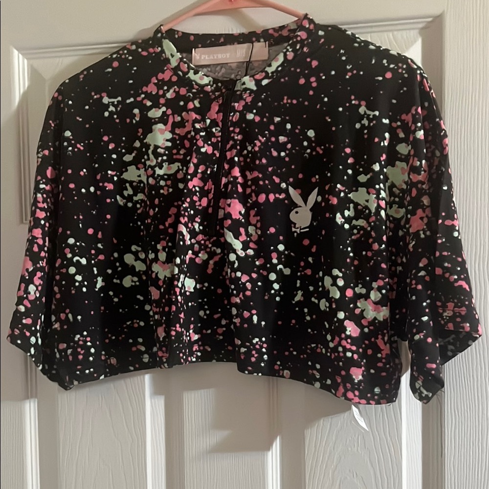 Brand New Missguided Black, Green, White and Pink Graphic Playboy Crop Blouse